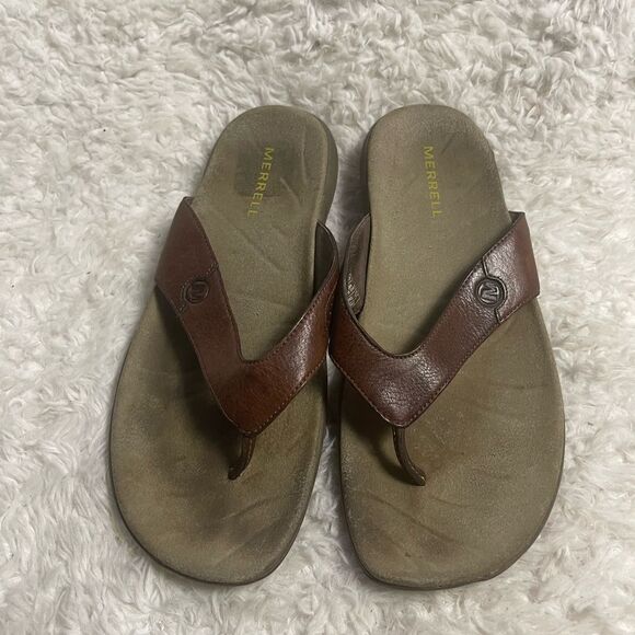 Merrell Brown Leather Men's thong Sandals Rubber soles size 10 - Picture 1 of 9